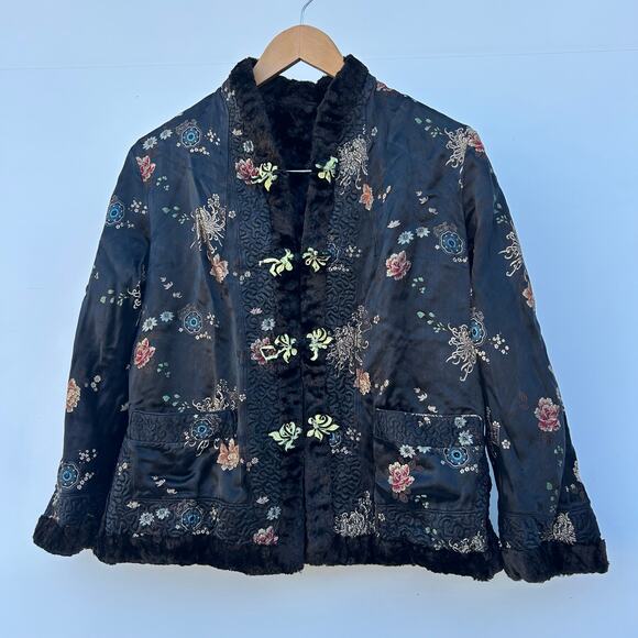 Vintage Y2K Reversible Asian Faux Fur Jacket Black Brown Boxy Funky Small - Picture 2 of 9